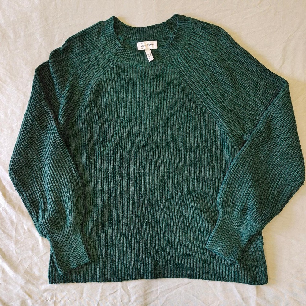 Jessica Simpson Forest Green Ribbed Knit Sweater Size Large Raglan Pullover Cozy